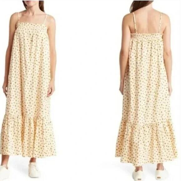 WeWoreWhat Smocked Midi Dress‎ Small Daisy Floral Poplin Yellow Ruffle Cottage - Picture 1 of 6
